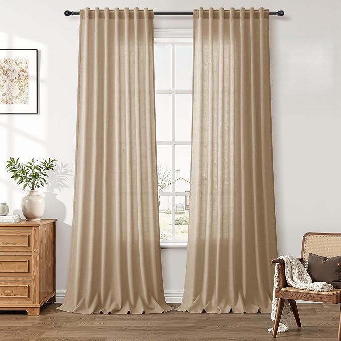 Aersas Sand Beige Linen Curtains 96 Inches Length for Living Room Flax Texture Wave Fabric Semi Sheer with Rod Pocket Back Tab for Bedroom Balcony Light Filtering Neutral Home Decor 52x96