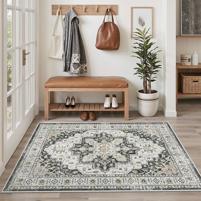 Madane Area Rug 4x6 Washable Rugs Vintage for Living Room, Black | Ultra-Thin Stain Resistant Vintage Large 4'X6' Carpet, Soft Low Pile Floor Mat For Bedroom Dining Room Office Home Decor