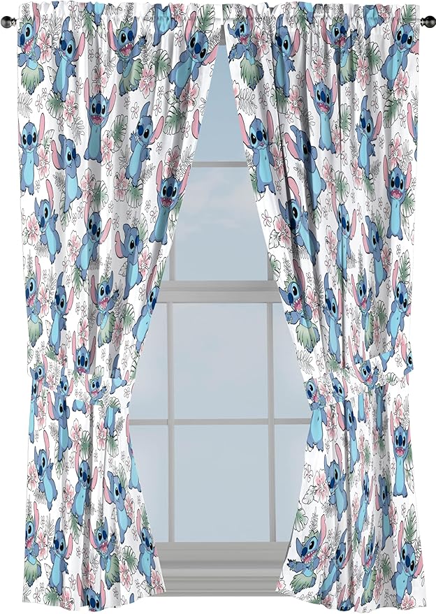 Jay Franco Window Curtains for Kids Bedroom 4-Piece Drape Set with 2 Tiebacks, Multi - Lilo & Stitch, 42" W x 63" L (Pack of 2)
