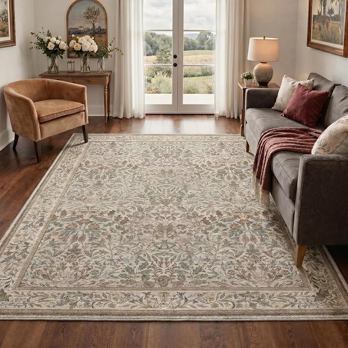 GENIMO 8x10 Washable Area Rugs for Living Room, Non Slip, Brown | Vintage Boho Floral Low Pile Thin Carpet for Bedroom, Dining Room, Nursery, Indoor Decor