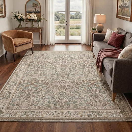 GENIMO 8x10 Washable Area Rugs for Living Room, Non Slip, Brown | Vintage Boho Floral Low Pile Thin Carpet for Bedroom, Dining Room, Nursery, Indoor Decor