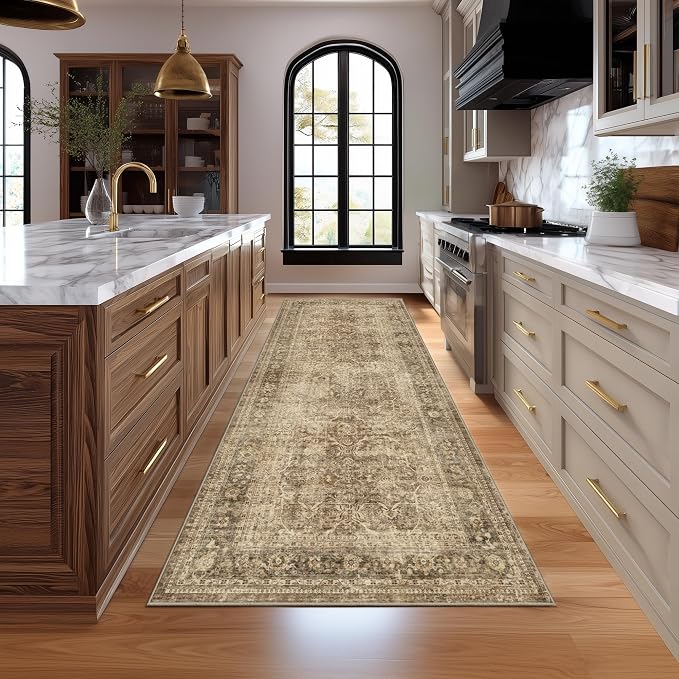Fmfunctex 3x7 Runner Rug Brown Washable Vintage Neutral Distressed Non Slip Low Pile Indoor Carpet Soft Retro Floral Hallway Entryway Rug for Kitchen Living Room Bedroom Bathroom Laundry Entry Bedside