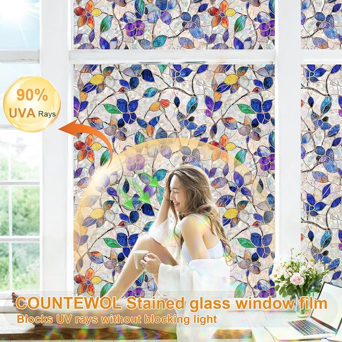 COUNTEWOL Window Privacy Film with Installation Tools Home Decorative Colored Glass Window Stickers Reusable electrostatic Rainbow Stickers (Stained Leaf, 17.5 x 78.7 in)