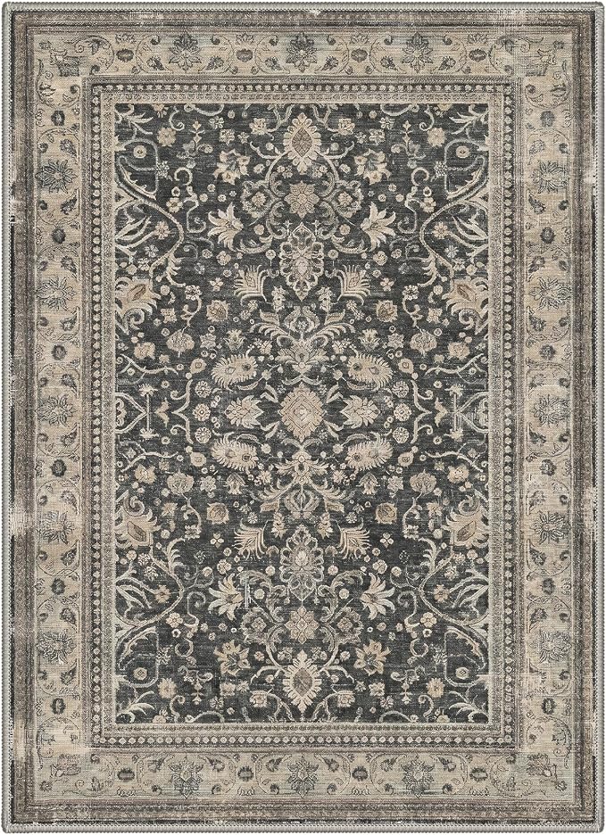 Bavni Washable Rugs 8x10, Machine Washable Rug Lightweight Low Pile, Oriental Floral Vintage Rug Non-Shedding Distressed Throw Carpet for Living Room Bedroom Office, Dusty Charcoal