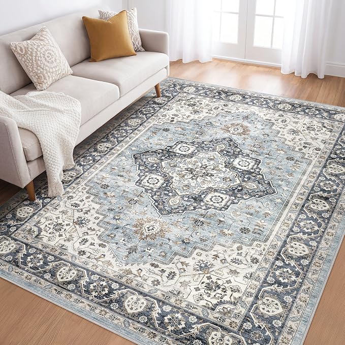 6x8 Area Rug Living Room: Washable Boho Large Neutral Vintage Soft Rug Stain Resistant Farmhouse Non-Slip Indoor Floor Carpet for Bedroom Nursery Kids Office Dining Room Home House- Blue Tan