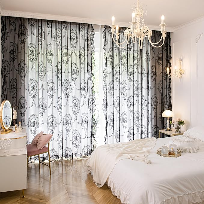Sutuo Home Black Lace Curtains 84 Inches Long for Bedroom Living Room 2 Panels, Sheer Set Rose Floral Embroidery Ruffled Vintage Window Treatment Pair Gothic Halloween Decor, Rod Pocket, W57 x L84