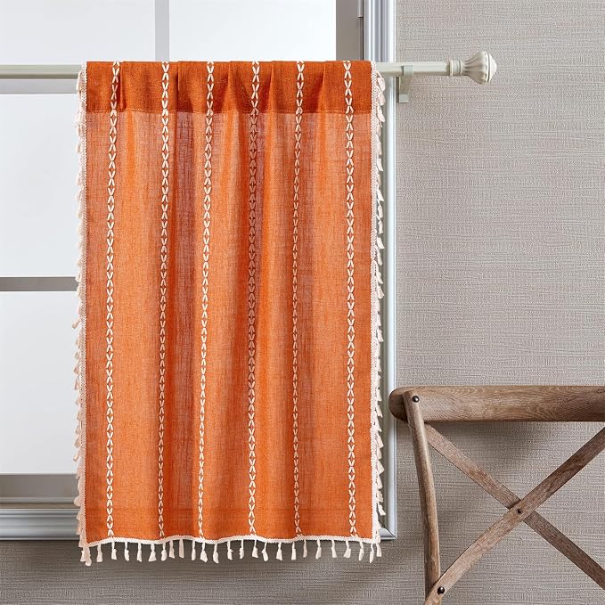 RoomTalks Fall Color Boho Farmhouse Kitchen Curtains 36 Inch Length French Striped Modern Vintage Chic Textured Orange Autumn Short Cafe Curtains for Small Window Kitchen Bathroom
