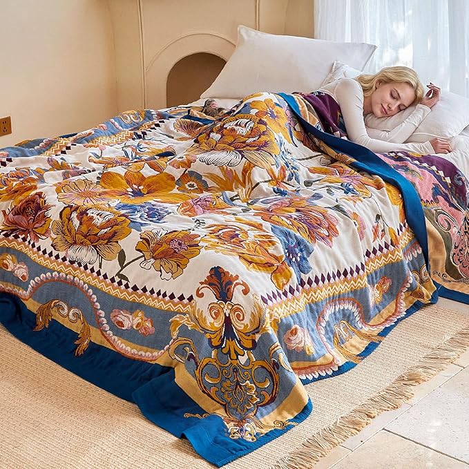 Boho Throw Blanket - 90"x90" 100% Cotton Ultra Soft Lightweight Blanket, 4-Layer Breathable Muslin Blankets for Bed Couch, Reversible Yellow Floral Printed Bohemian Cotton Quilt