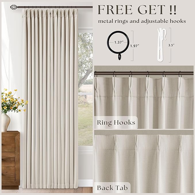 Cream White Linen Blackout Pleated Curtains 108 Inches Long 2 Panels Set Pinch Pleate 100% Black Out Double Layer Natural Burlap Thermal Insulated Drapes for Bedroom Living Windows 108 Inch Length
