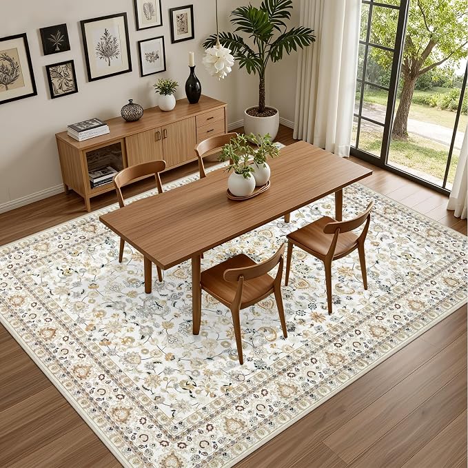4x6 Area Rugs for Living Room: Washable Rug Soft Vintage Boho Carpet Indoor Floor Non-Slip Stain Resistant Floral Large Carpets for Bedroom Dining Room Farmhouse Nursery Home Office Beige