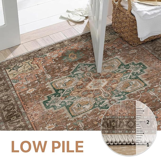 GENIMO 5FT Round Area Rugs for Living Room, Circle Rugs Machine Washable Low Pile, Non Slip Vintage Rug for Bedroom, Dining Room, Home Office, Terracotta Sage