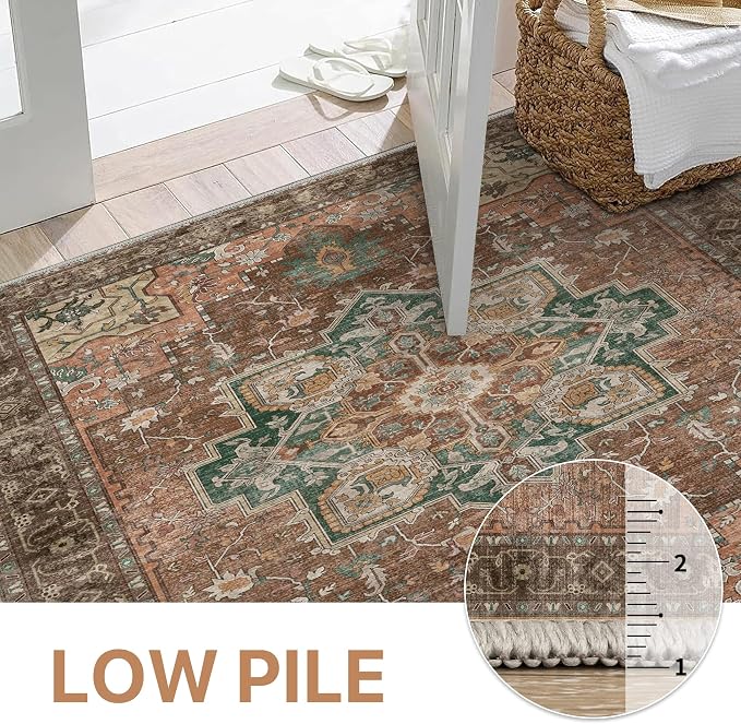 GENIMO 8x10 Area Rugs for Living Room, Machine Washable Non Slip Vintage Rugs, Low Pile Lightweight Print Rug for Bedroom, Dining Room, Home Office, Rosewood