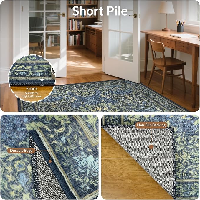 GENIMO 3x5 Washable Entryway Rug, Non Slip Bedroom Mat, Dark Blue | Vintage Boho Floral Low Pile Thin Carpet for Bedroom, Dining Room, Nursery, Indoor Decor