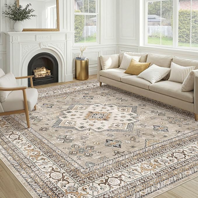Vintage Living Room Square Area Rug 9x9 - Large Soft Washable Oriental Traditional Distressed Farmhouse Rugs for Bedroom - Indoor Floor Accent Carpet for Home Office House Decor - Beige
