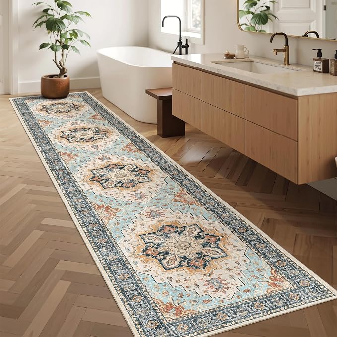 Madane Washable Runner Rugs 2x10 Long for Hallway Kitchen, Orange/Blue | Non-Slip Low-Pile 10ft Rug Runners Soft, Stain-Resistant Floor Carpet Mat for Entrance, Living Dining Laundry Room, Stair