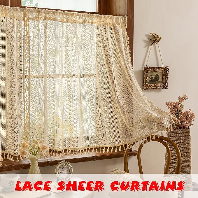 Sutuo Home Beige Lace Boho Curtains 45 Inches 2 Panels,Semi Sheer Small Window Curtains for Kitchen Cafe Crochet Vintage Chic Country Tassels Bohemian Drape Privacy Rustic Geometry Rod Pocket, 50" W