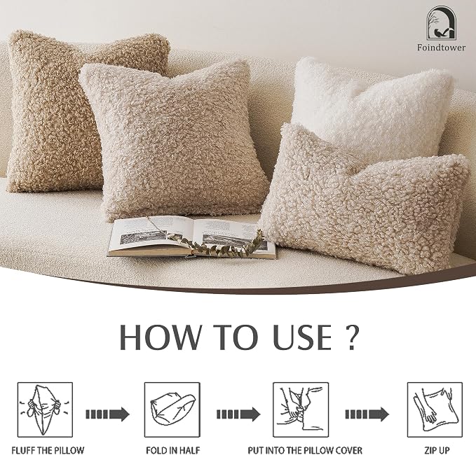 Foindtower Set of 2 Curly Teddy Wool Pillow Covers Decorative Boucle Textured Lumbar Throw Pillow Faux Fur Pillowcases Sheepskin Cushion Case for Sofa Bedroom Car 12"x20" Light Khaki