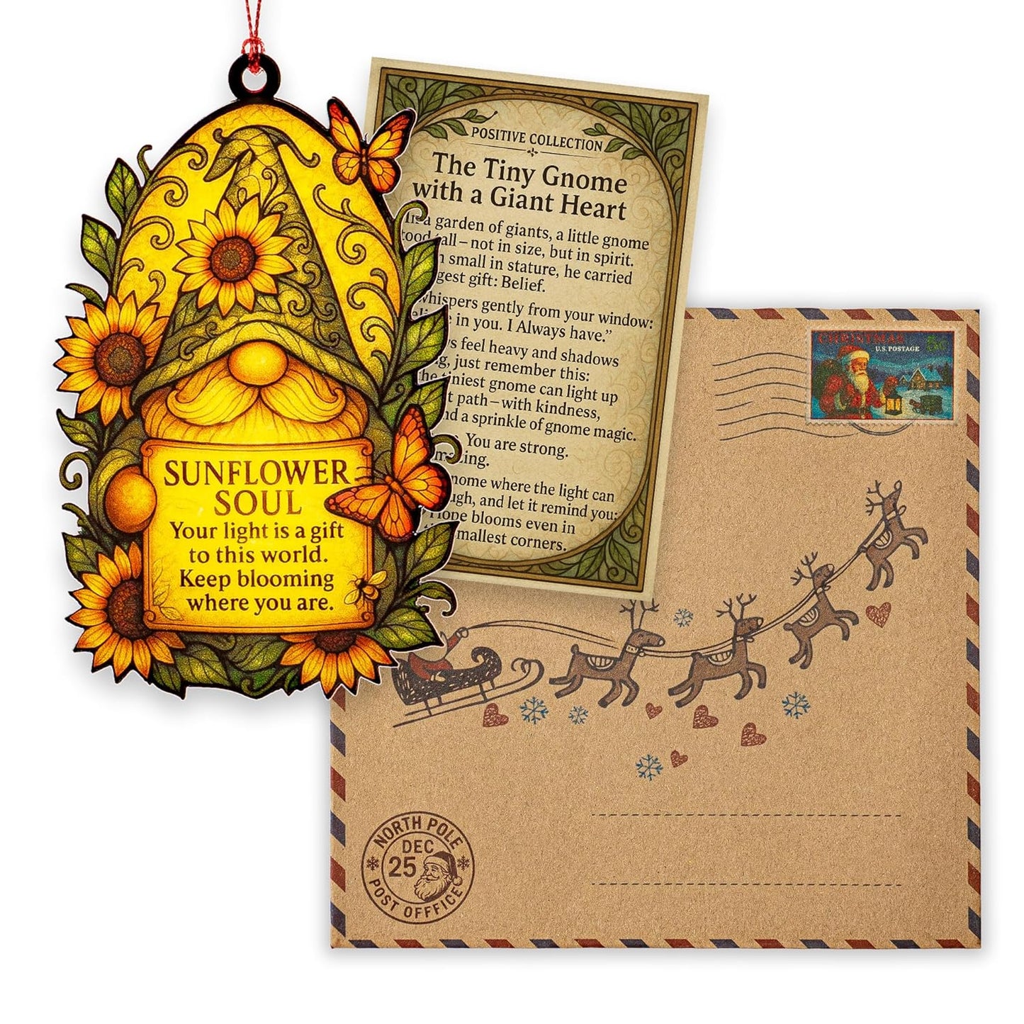 Sunflower Soul Gnome Ornament – Positive Encouragement | Bloom with Light – Butterfly – Uplifting Gift Card [Inspiration Ornament] – Suncatcher Effect Stained Glass Window – Car Hanging