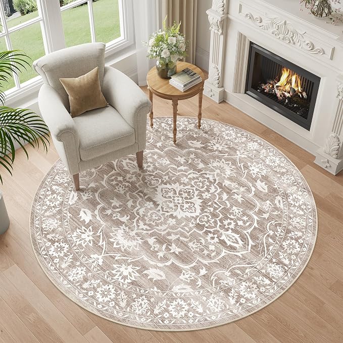 Soalmost Washable Round Rug 6ft for Living Room,Soft Circle Rug Light Brown | Vintage Floral Ultra-Thin Non-Slip 6x6 Round Throw Carpet for Entryway Nursery Bedroom Kitchen Dining Room 6'Round