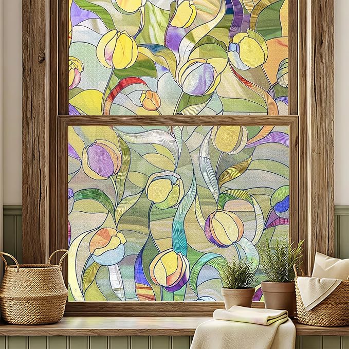 3D Stained Glass Window Film, Decorative Window Privacy Film for Bathroom,Front Door,Home, Sun Blocking Heat Control,Static Cling, Moonlight Tulip, 23.6inch x 35.4inch