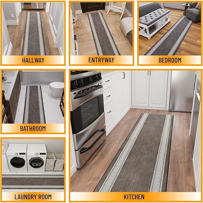 Ottomanson Hallway Runner Rug 2'7" x 12' – Soft Non-Slip Rug, Low Pile Carpet for Entryway, Kitchen & Long Hallways in Apartments and Homes, Greek Border Brown