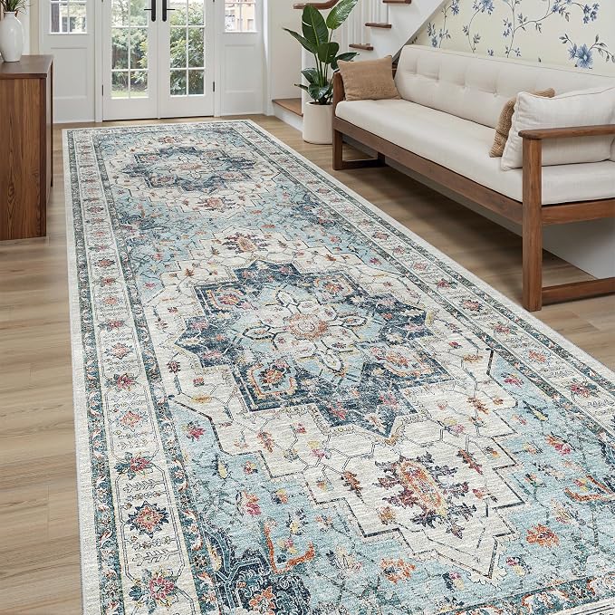 Madane 4x10 Wide Hallway Runner Rug Washable for Living Room, Blue | Soft Stain Resistant Ktichen Runners 10ft, Vintage Non Slip Low Pile Area Rugs, Thin Floor Carpet for Bathroom Dining Bedroom