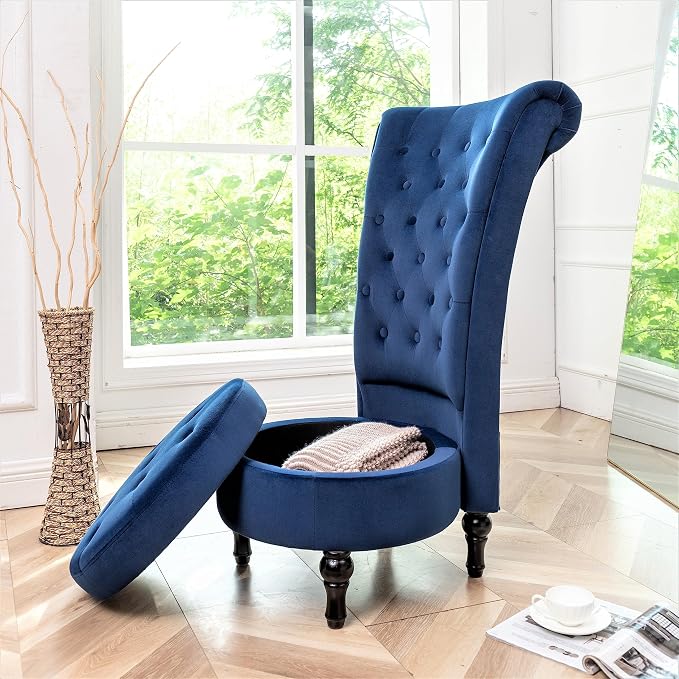 Container Furniture Direct Royal High-Back Velvet Accent Chair for Vanity with Storage and Luxurious Upholstery, Retro Design and Versatile Usage for Living Room, Bedroom, Lounge and Office, Dark Blue