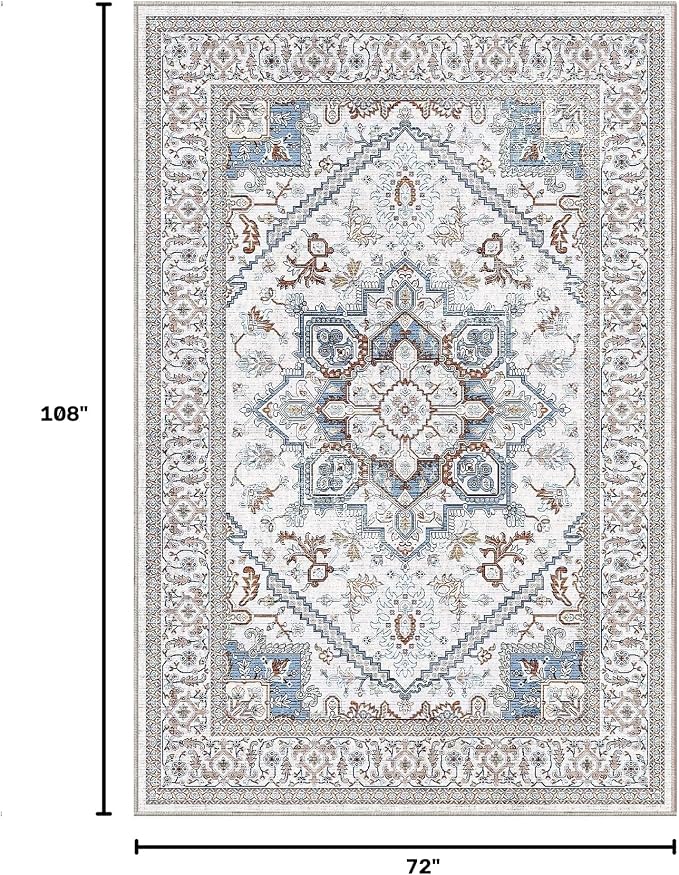 OPPODREAM Soft 6x9 Area Rugs, Neutral Washable Rug 6x9 with Non Slip Backing, Faux Cashmere Low-Pile 6 x 9 Carpet, Cream White & Blue & Light Brown