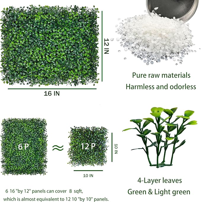ODTORY Artificial Ivy Hedge Fence, 16"x12" 6P 8 sqft Grass Backdrop Wall | UV-Anti, Faux Boxwood Hedge Fence, 4-Layer Leaves, Garden/Backyard/Balcony Privacy Screen, Indoor Outdoor Wall Decor