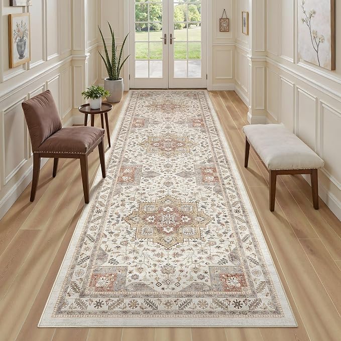 Vintage Hallway Runner Rug 3x10: Large Soft Washable Entryway for Kitchen Laundry Room Non-Slip Backing Runner for Entrance Living Room Bedroom Bathroom - Orange