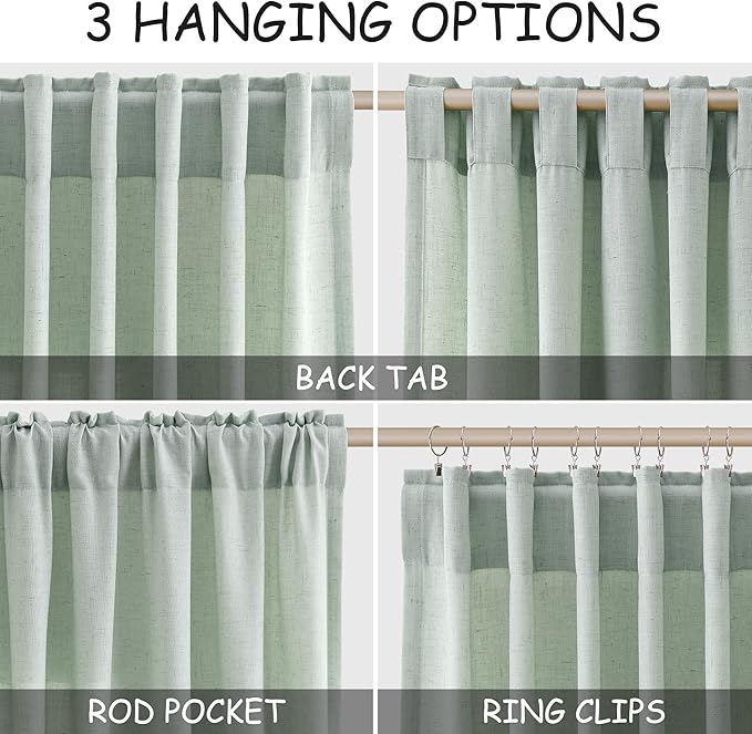 Nanspring Aqua Green Linen Curtains 52x72 Inch 2 Panels | Semi Sheer Light Filtering, Back Tab Rod Pocket, Living Room & Bedroom, Modern Farmhouse Decor
