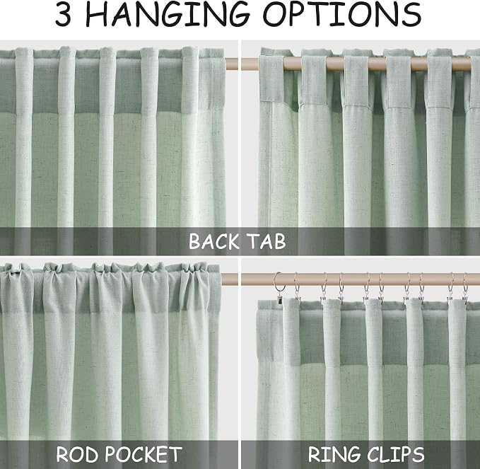 Extra Long Aqua Green Linen Curtains 120 Inch for Living Room 2 Panels Set Rod Pocket Back Tab Light Filtering Semi Sheer Linen Window Drapes Privacy High Ceiling Drapes for Farmhouse 52x120