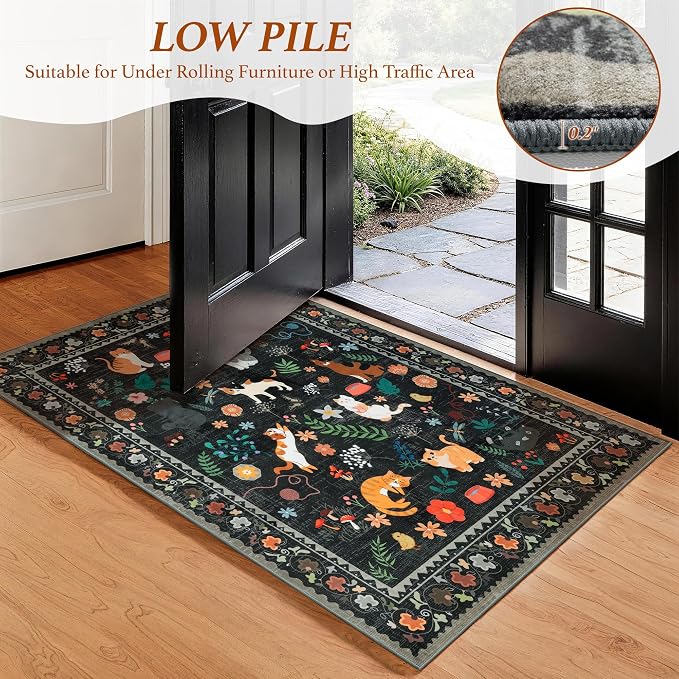 LIANLAM 8x10 Cat Lover's Area Rug, Washable Large Rug with Artistic Feline Design for Living Room & Bedroom, Pet Friendly Non-Slip Soft Carpet, Stain Resistant & Easy Clean(8x10,Black)