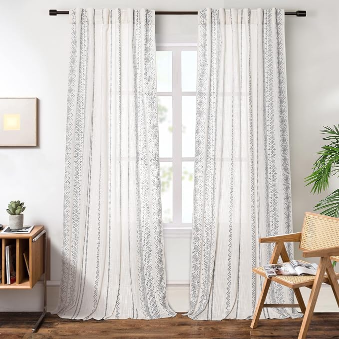 MEETSKY Boho Curtains 84 Inches Long Curtains for Living Room Bohemian Geometric Printed Cotton Curtain Light Filtering Linen Style Rod Pocket Window Back Tab Drape for Dining Room 2 Panels