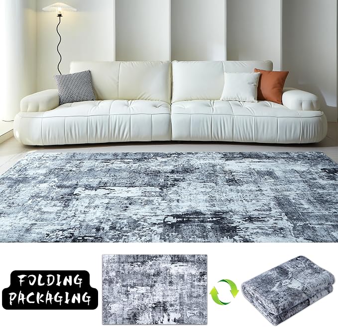 Rugcomf 6x9 Rug Washable Bedroom Rug Large Soft Area Rug Abstract Pattern Non-Slip Faux Wool Vintage Rug for Living Room, Farmhouse, Dining Room, Kids Playroom, Grey and Black
