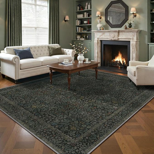 GENIMO 6x9 Washable Living Room Area Rug, Non Slip, Charcoal Green | Vintage Boho Floral Low Pile Thin Carpet for Bedroom, Dining Room, Nursery, Indoor Decor