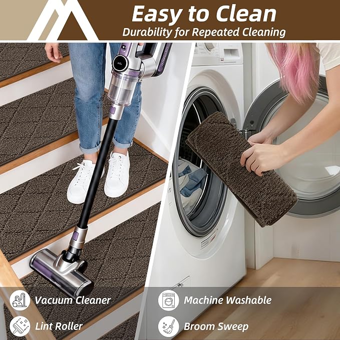COSY HOMEER Stair Treads for Wooden Steps 11"x30" Washable Indoor Carpet Stair Treads Non Slip Soft Polyester Stair Carpet Tread Reusable Stair Runner Rugs for Kids, Elders,Pets,Brown,4pcs