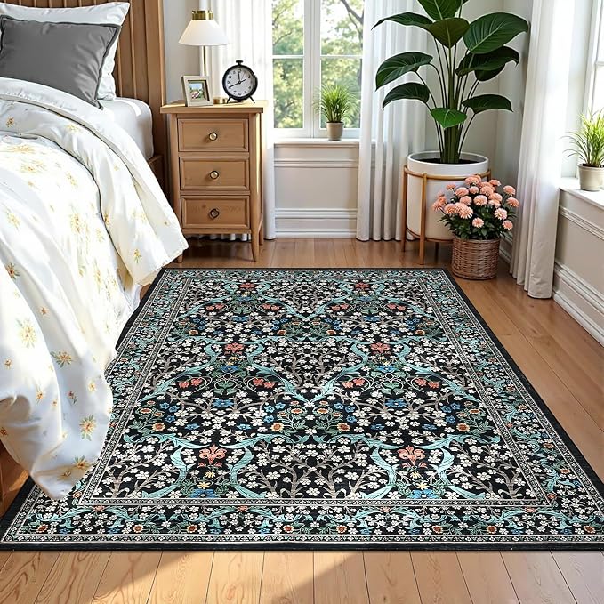 GarveeHome Floral 3x5 Area Rugs for Entryway, Washable Kitchen Rug Non Slip, Low Pile Bedroom Rug, Ultra Soft Stain Resistant Small Carpet for Laundry Room, Black