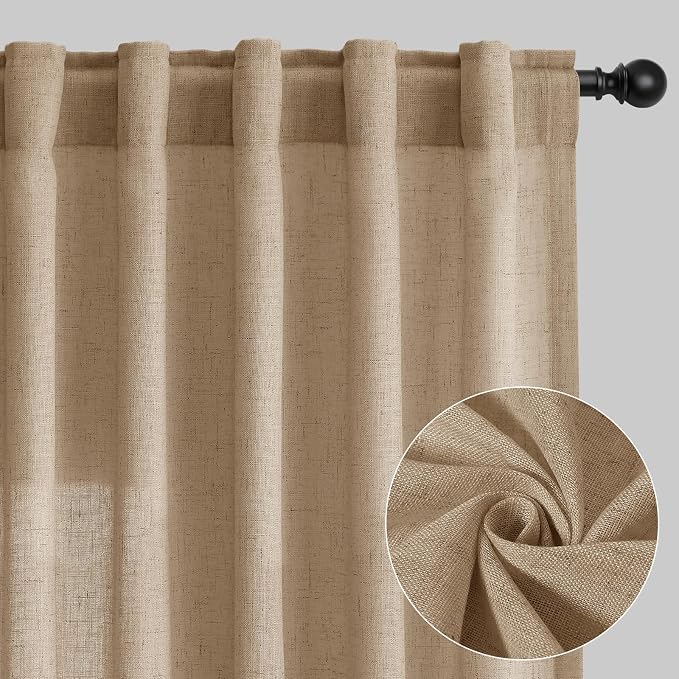 Aersas Sand Beige Linen Curtains 96 Inches Length for Living Room Flax Texture Wave Fabric Semi Sheer with Rod Pocket Back Tab for Bedroom Balcony Light Filtering Neutral Home Decor 52x96