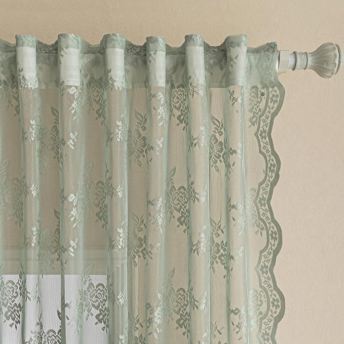 MEETSKY Boho Lace Curtains 54 Inch Length Vintage French Sheer Curtains for Small Windows Rod Pocket Transparent Light Filtering Drapes, 50" Wide Each Panel, Sage Green, 2 Panels Set