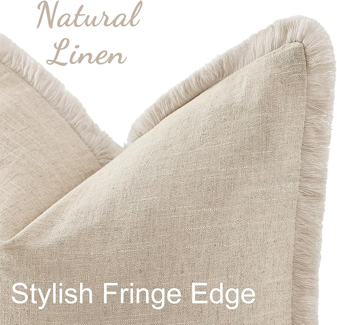 decorUhome Linen Fringe Lumbar Throw Pillow Covers Set of 2 Decorative Natural Beige Pillow Covers with Tassels Soft Accent Boho Farmhouse Pillow Cases for Couch Bed Sofa 12x20 Inch