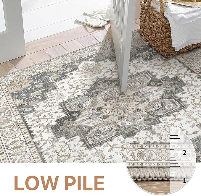 GENIMO 5FT Round Area Rugs for Living Room, Circle Rugs Machine Washable Low Pile, Chenille Non Slip Vintage Rug for Bedroom, Dining Room, Home Office, Heathered Grey