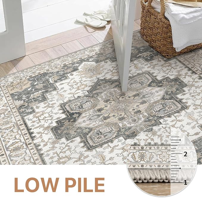 GENIMO 2'6"x6 Runner Rugs for Hallway, Machine Washable Non Slip Vintage Rugs, Low Pile Lightweight Soft Print Rug for enrtyway, Corridor, Home Office, Kitchen, Heathered Grey