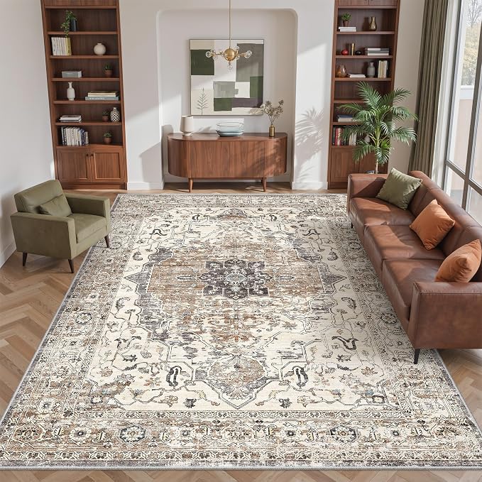 befbee 9x12 Area Rugs for Living Room,Ultra-Thin Washable Rug, Non-Slip Lightweight Foldable Area Rug, Stain Resistant Vintage Large Rugs(Brown/Grey,9'x12')