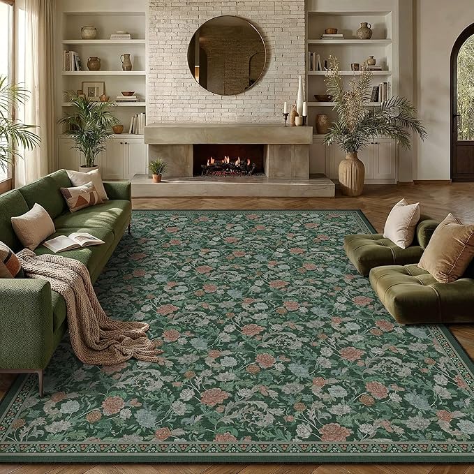 HUGEAR Retro Area Rugs 8x10 Washable Living Room Bedroom Rugs Vintage Floral Throw Carpet Green Stain Resistant Non Slip Low Pile for Home Aesthetic Modern Decor