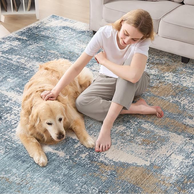 DMOYEST Area Rug Living Room Rugs - 5x7 Washable Soft Indoor Neutral Modern Abstract Low Pile Rug Carpet for Bedroom Dining Room Farmhouse Home Office - Blue Brown