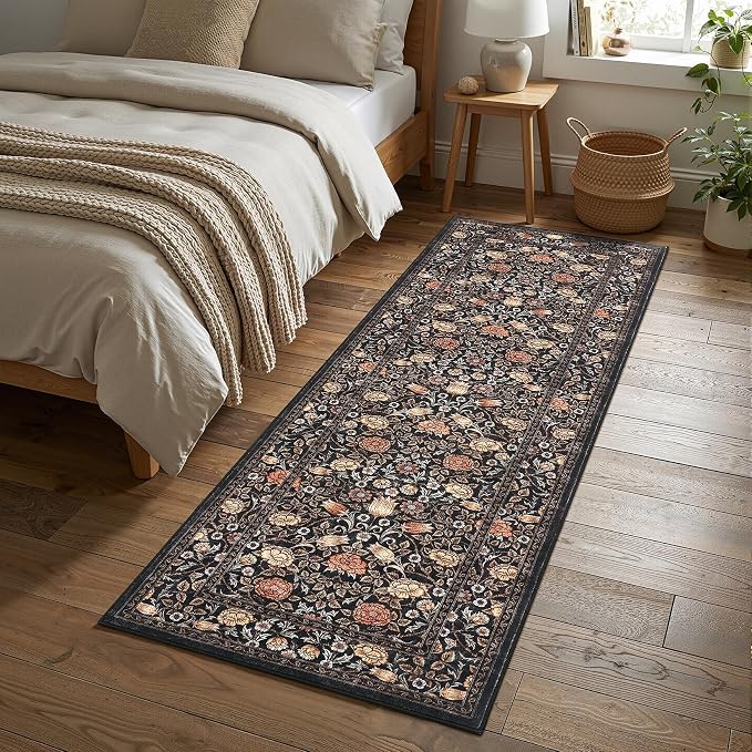 GarveeHome Brown Black 2.5x8 Runner Rug Washable Kitchen Rugs Non Slip Vintage Floral Boho Long Rug for Hallways Bedroom Entryway Bathroom Mat TPE Backing
