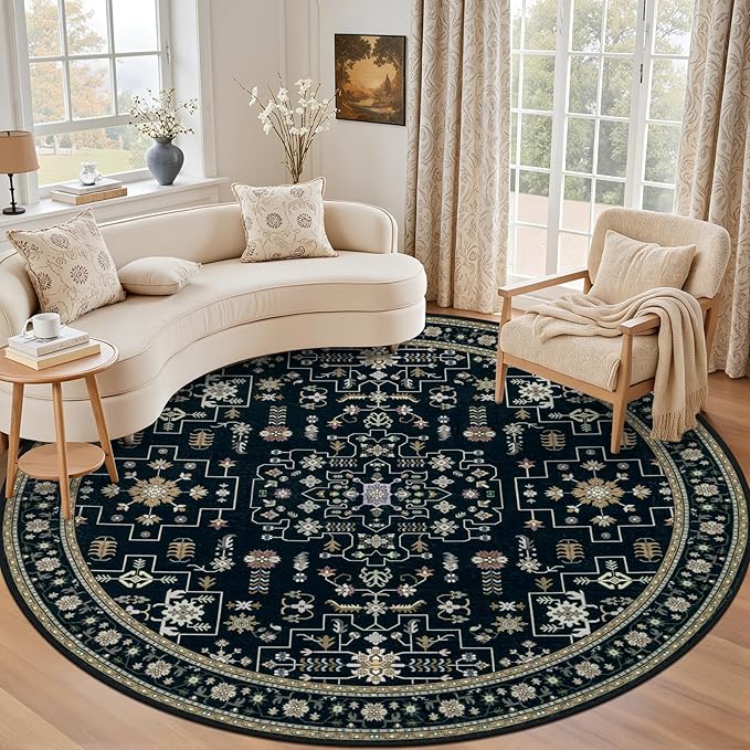 Round Area Rug for Living Room: 6ft Washable Vintage Boho Soft Thin Circle Rug Indoor Floor No Slip Stain Resistant Carpet for Bedroom Dining Room Farmhouse Nursery Home Office -Black