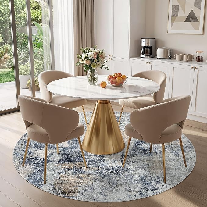 WITSHOCK Area Rugs 6ft Round Living Room Rug - Washable Neutral Soft Low Pile Non-Slip Modern Abstract Thin Large Indoor Carpet for Bedroom Dining Room Nursery Office - Dark Blue Brown