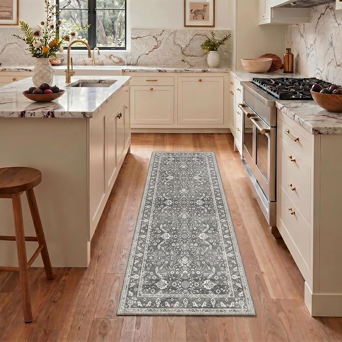Bavni Washable Rugs 8x10, Machine Washable Rug Lightweight Low Pile, Floral Vintage Rug Non-Shedding Distressed Throw Carpet for Living Room Bedroom Office, Charcoal Gray
